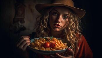 einer jung Erwachsene Frau, mit blond Haar, Essen frisch Gemüse drinnen generiert durch ai foto