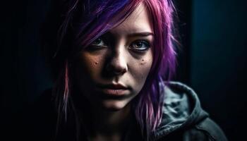 schön jung Frau mit lila Haar starren in Dunkelheit generiert durch ai foto