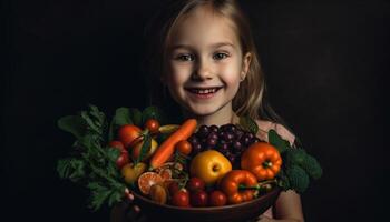 süß Mädchen lächelnd, halten frisch Gemüse, fördern gesund Lebensstile drinnen generiert durch ai foto