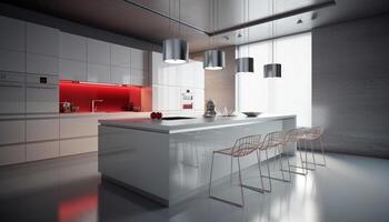 modern Küche Design mit rostfrei Stahl Haushaltsgeräte und elegant Dekor generiert durch ai foto