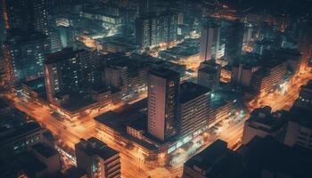 glühend Wolkenkratzer erleuchten das modern Stadt Horizont beim Dämmerung generiert durch ai foto