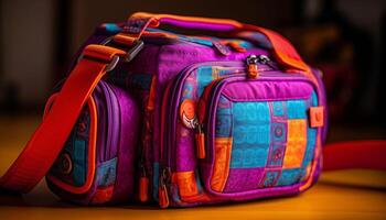 modern Rucksack zum Abenteuer reisen, multi farbig mit Leder Griff generiert durch ai foto