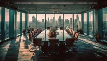 modern Stadt Horizont angesehen von leeren Büro mit Panorama- Fenster generiert durch ai foto