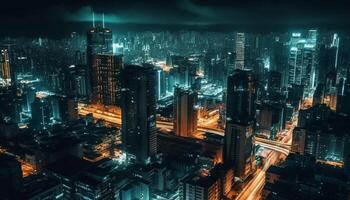 modern Stadt Horizont beleuchtet durch glühend Straße Beleuchtung beim Dämmerung generiert durch ai foto