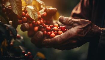 Hand pflücken reif Beere Obst auf ein Grün Bauernhof Ast generiert durch ai foto