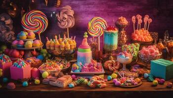 bunt Süßigkeiten Sammlung, Dessert Tabelle Dekoration, nachsichtig Süss Genuss generiert durch ai foto