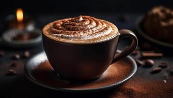 frisch gebraut Kaffee im ein rustikal Kaffee Geschäft mit schaumig Schaum generiert durch ai foto