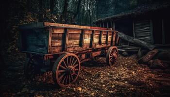 rostig alt Wagen Rad verlassen im gespenstisch uralt Wald generiert durch ai foto