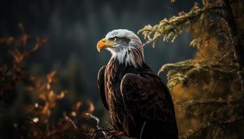 majestätisch kahl Adler sich niederlassen auf Zweig, Jagd mit Scharf Krallen generiert durch ai foto