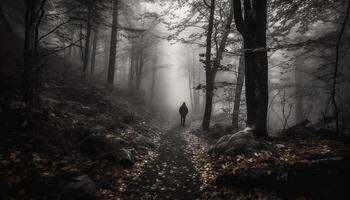 Einsamkeit im Natur einer Person Wandern durch nebelig Wald generiert durch ai foto