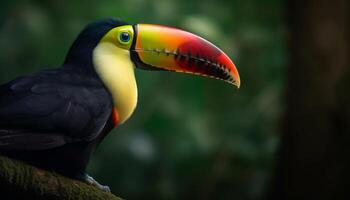 beschwingt Tukan sich niederlassen auf Grün Ast im tropisch Regenwald generiert durch ai foto