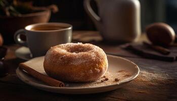 rustikal hausgemacht Brunch gebacken Krapfen, Kaffee, und Süss Obst Stapel generiert durch ai foto