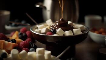 Gourmet Dessert Schüssel mit frisch Beeren und Schokolade Genuss generativ ai foto