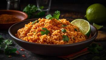 frisch Vegetarier Schüssel mit Koriander, Petersilie, und Bulgur Weizen Risotto generativ ai foto