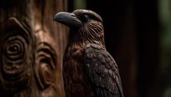 einer majestätisch Falke sich niederlassen auf ein Zweig, Auge im Fokus generativ ai foto