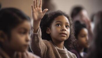 lächelnd Schule Kinder studieren drinnen im ein multi ethnisch Klassenzimmer generativ ai foto