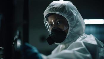 einer Wissenschaftler im schützend Arbeitskleidung Analysieren Bakterium im Labor generativ ai foto