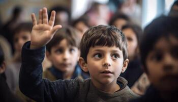 lächelnd Schule Kinder studieren zusammen im ein Klassenzimmer drinnen generativ ai foto