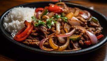 frisch gegrillt Fleisch und Gemüse auf hölzern Platte, bereit zu Essen generativ ai foto