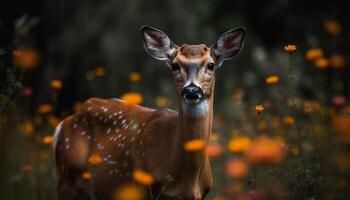 entdeckt Damhirschkuh Weiden lassen im Grün Wiese, Schönheit im Natur gefangen generativ ai foto