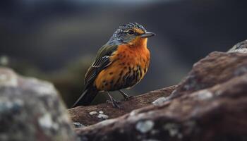 Gelb geleitet Amsel sich niederlassen auf schneebedeckt Zweig, suchen beim Kamera generativ ai foto