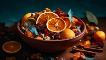 rustikal Schüssel von frisch Zitrusfrüchte Scheiben mit aromatisch würzen Dekoration generativ ai foto