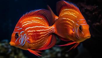 beschwingt Clown Fisch Schwimmen im multi farbig Riff, unterseeisch Schönheit generiert durch ai foto