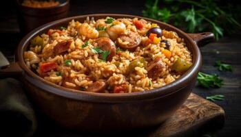 gesund Mahlzeit gekocht mit frisch Gemüse, Kräuter, und organisch Reis generativ ai foto