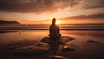 einer Frau meditiert im Lotus Position, von hinten beleuchtet durch Sonnenaufgang generiert durch ai foto