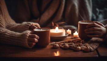 Hand halten heiß Kaffee, gemütlich Winter Wärme durch das Feuer generativ ai foto