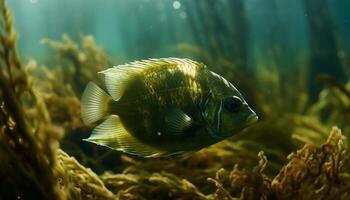 bunt Schule von Fisch schwimmen im tropisch Riff klar Wasser generiert durch ai foto