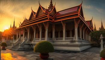 majestätisch Pagode, gebaut Struktur von uralt thailändisch Kultur, multi farbig Dekoration generiert durch ai foto