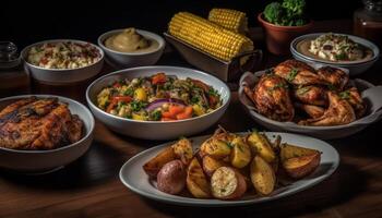 gegrillt Fleisch und Gemüse auf Platte, ein Gourmet Grill Mahlzeit generiert durch ai foto