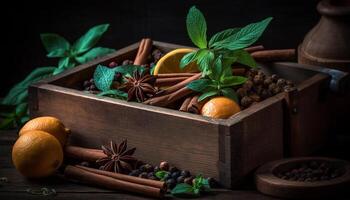 rustikal Dessert Schüssel mit frisch Obst und Star Anis Dekoration generiert durch ai foto