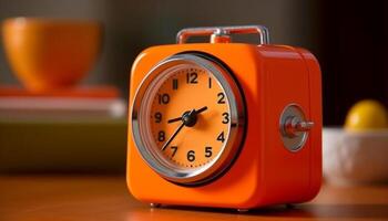 Orange Uhr Gesicht mit Metall Minute Hand wacht auf oben Dringlichkeit generiert durch ai foto