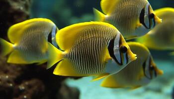 beschwingt Schule von Clown Fisch schwimmen im bunt Koralle Riff generiert durch ai foto