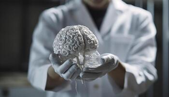 Wissenschaftler halten Gehirn, Fokussierung auf Anatomie zum wissenschaftlich Experiment generiert durch ai foto