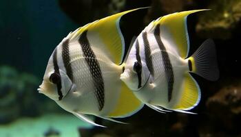 Schule von gestreift Damselfish schwimmen im natürlich Koralle Riff generiert durch ai foto