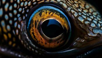 glänzend Fisch Auge spiegelt Blau Kreis im unter Wasser Riff Porträt generiert durch ai foto