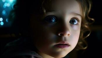 unschuldig Baby Junge starren hoch, Blau Augen voll von Neugierde generiert durch ai foto