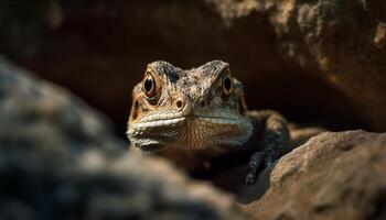 Eidechse Auge suchen beim Kamera, Fokus auf Vordergrund, Natur Schönheit generiert durch ai foto