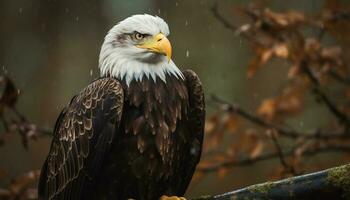 majestätisch kahl Adler sich niederlassen auf Zweig, suchen beim still Wald generiert durch ai foto