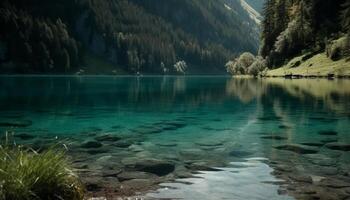 majestätisch Berg Gipfel spiegelt im still Teich, perfekt Reise Ziel generiert durch ai foto