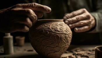 Handwerker Gestaltung Lehm auf Keramik Rad mit Mensch Hand und Daumen generiert durch ai foto