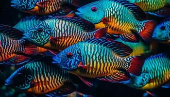 Schule von gestreift Clown Fisch im beschwingt Koralle Riff Hintergrund generiert durch ai foto