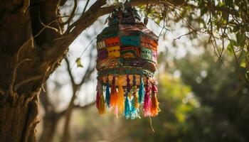 einheimisch Kultur Dekoration auf alt Baum symbolisiert Spiritualität und Tradition generiert durch ai foto