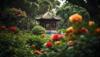 uralt Pagode im formal Garten Vitrinen Osten asiatisch Kultur Spiritualität generiert durch ai foto