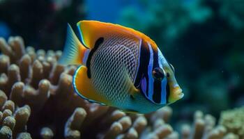 beschwingt Clown Fisch schwimmen im multi farbig Koralle Riff unten Wasser generiert durch ai foto