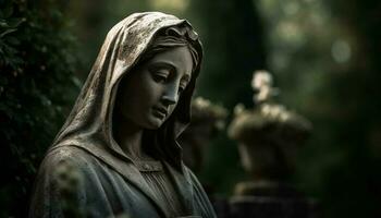 beten Frau trauert beim Grabstein im still Wald Friedhof generiert durch ai foto
