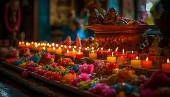 Verbrennung Kerze leuchtet Altar zum Hindu Gebet Zeremonie drinnen generiert durch ai foto